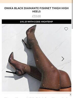 Onika Black Diamante Fishnet Thigh High Heels